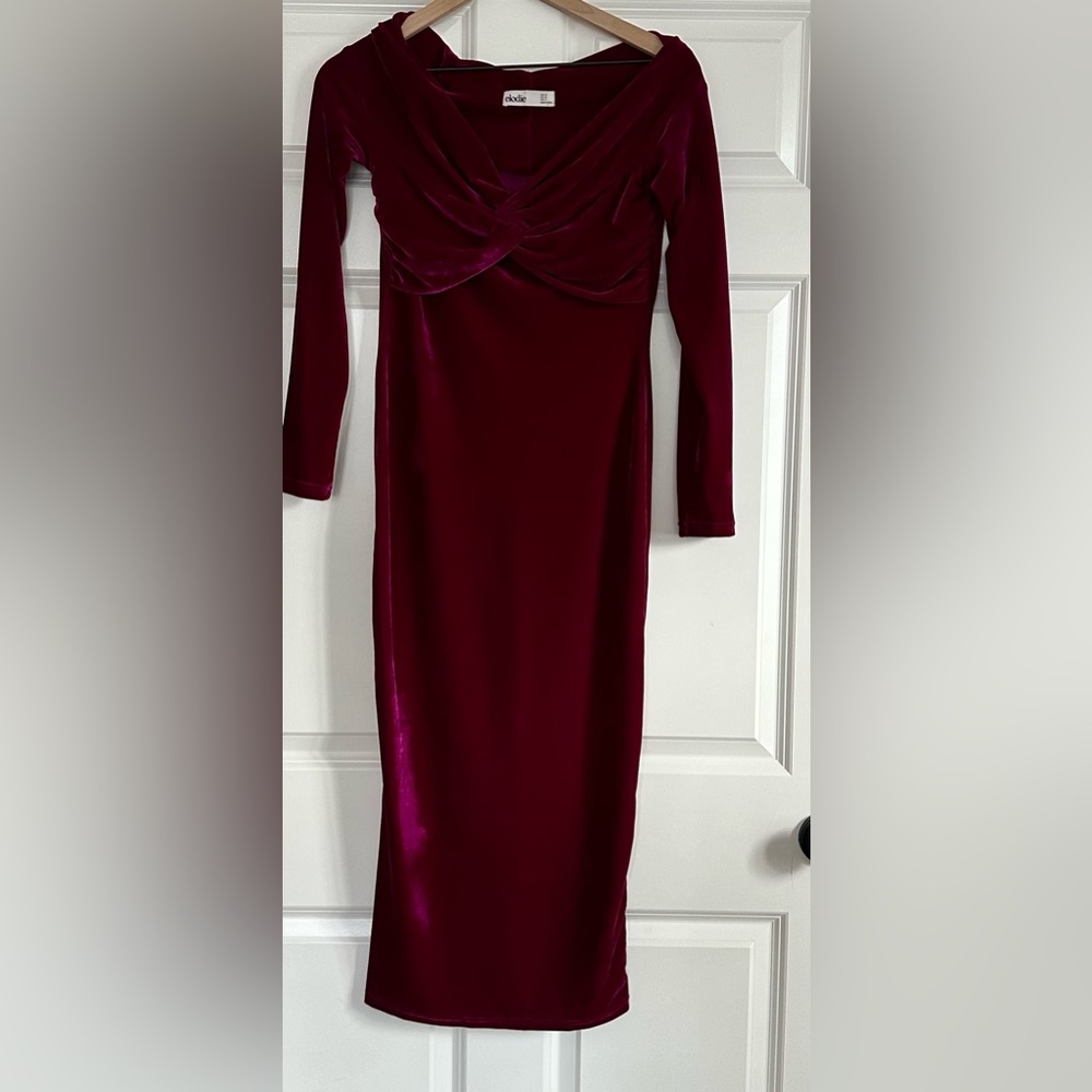Elodie velvet off the shoulder evening gown
